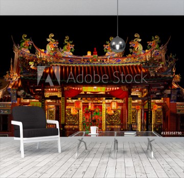 Picture of Decorated roof and second floor of traditional old chinese temple Seh Tek Tong Cheah Kongsi in Georgetown Penang Malaysia UNESCO world heritage site Night view